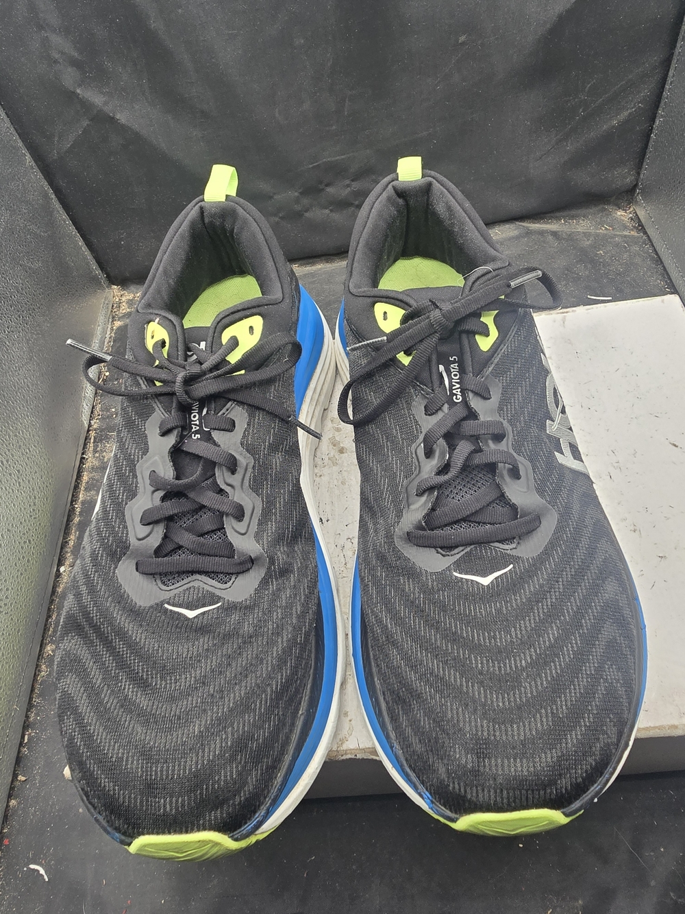Hoka Black & Blue Running Shoes with Neon Green Accents